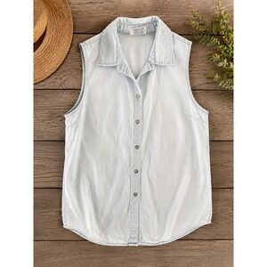 Crystal Springs Vintage Light Wash Denim Sleeveless Button Down Shirt Womens M